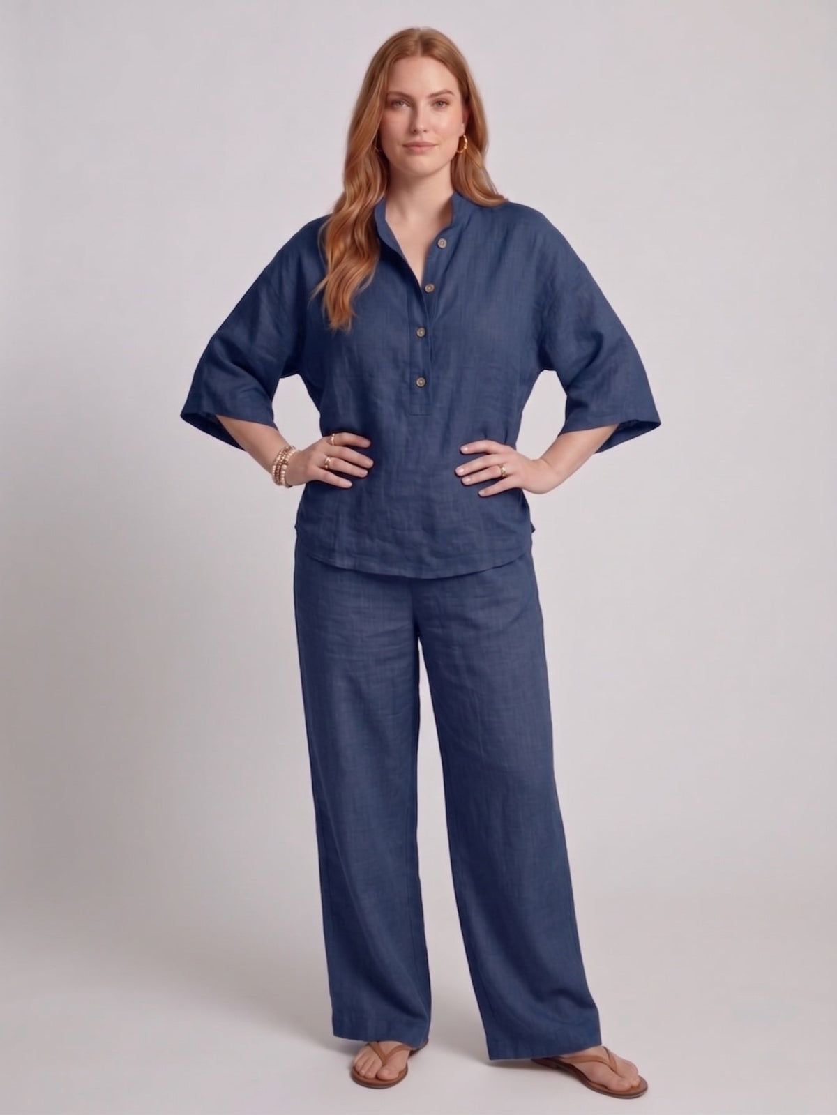 Larui Plus Size Women's V-Neck Button-Detail Casual Linen Set