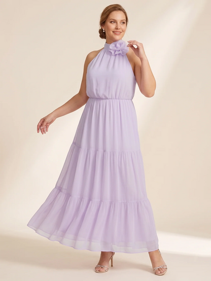 Larui Plus Size Wedding/Vacation A-Line Chiffon Dress With Floral Embellishments