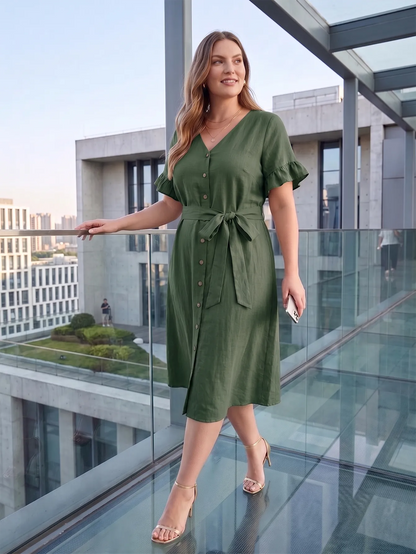 Larui Plus Size Women's Linen Short Sleeves Dress With Belted