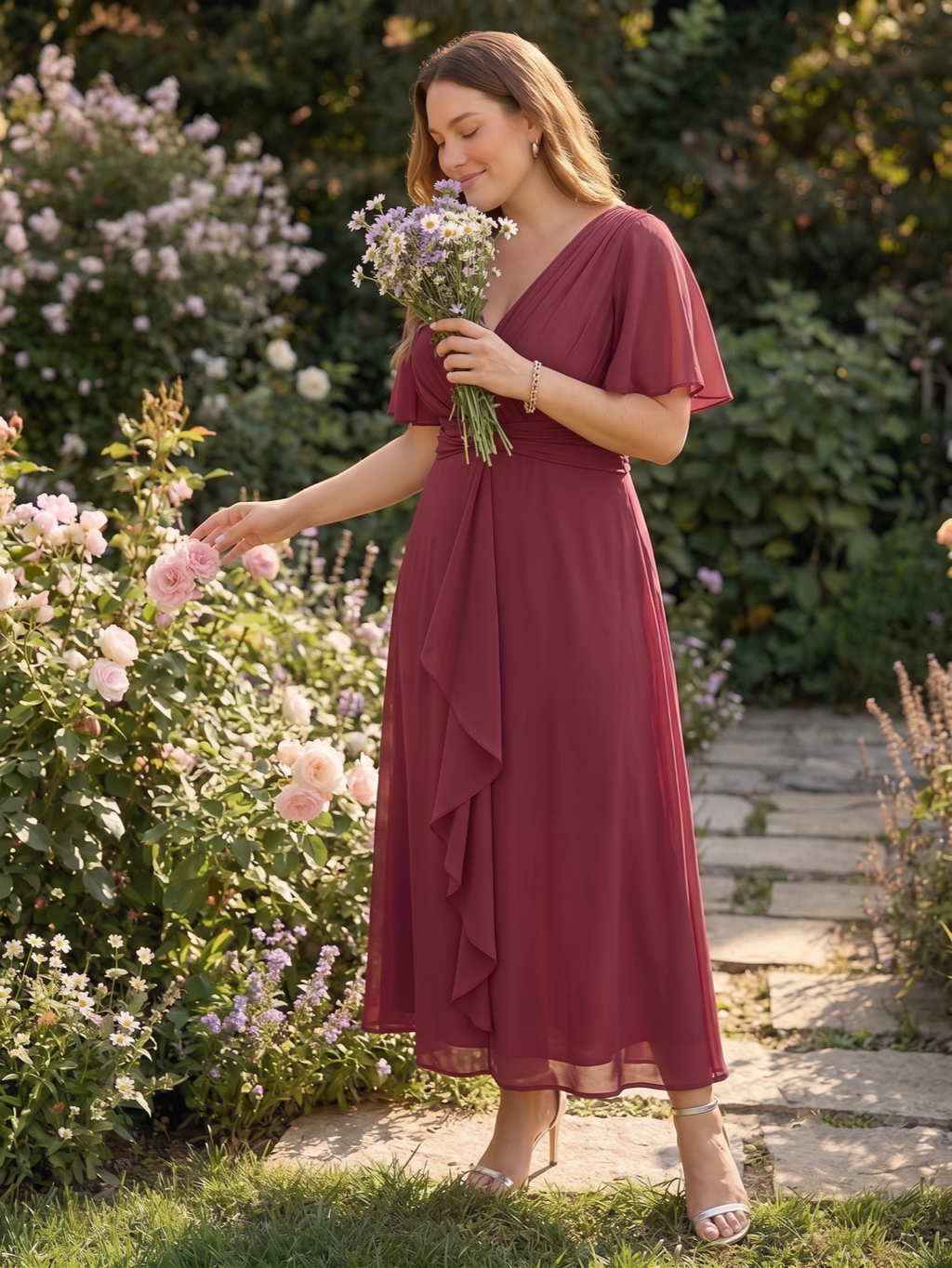 Larui Women's Plus-Size Chiffon Dress with V-Neck and Ruffled Hem