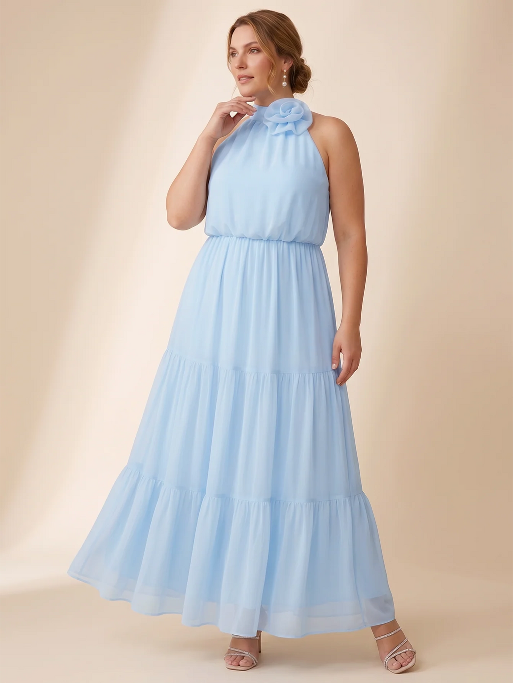 Larui Plus Size Wedding/Vacation A-Line Chiffon Dress With Floral Embellishments