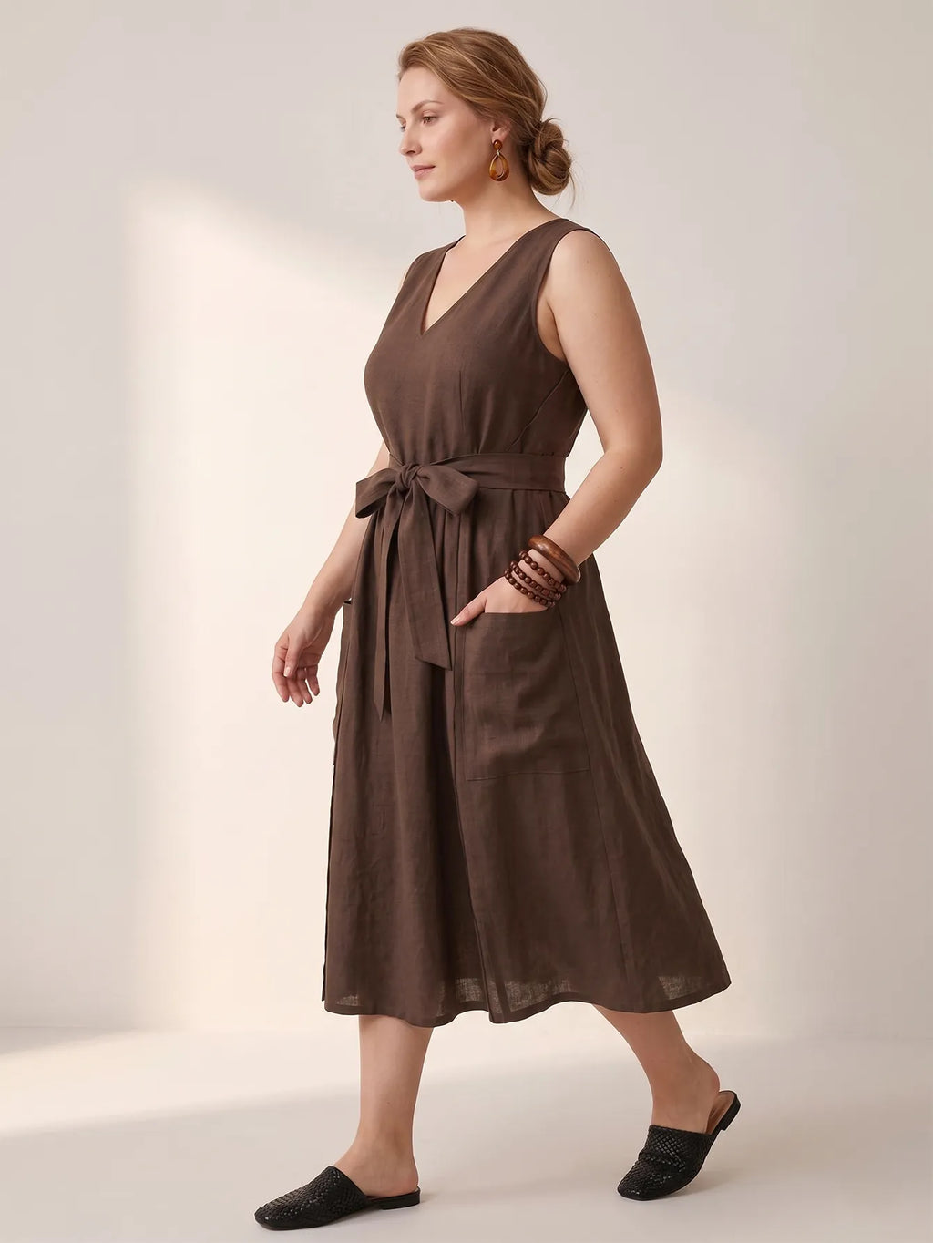 Larui Plus-Size Women's Reversible Open-Front Tie-Up Apron-Style Linen Dress