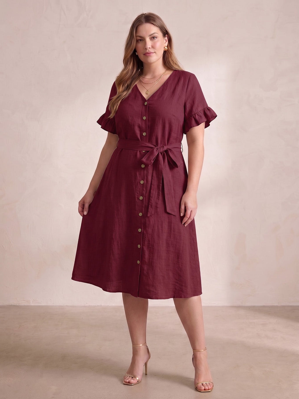 Larui Plus Size Women's Linen Short Sleeves Dress With Belted