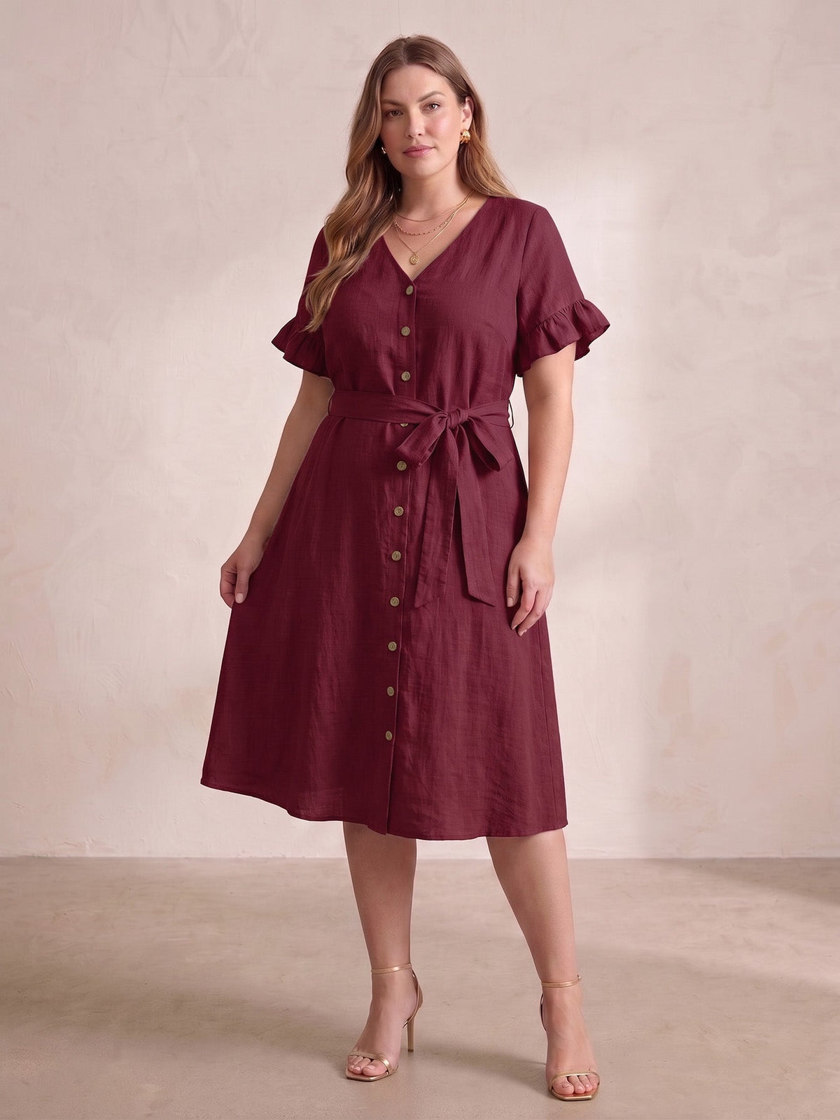 Larui Plus Size Women's Linen Short Sleeves Dress With Belted