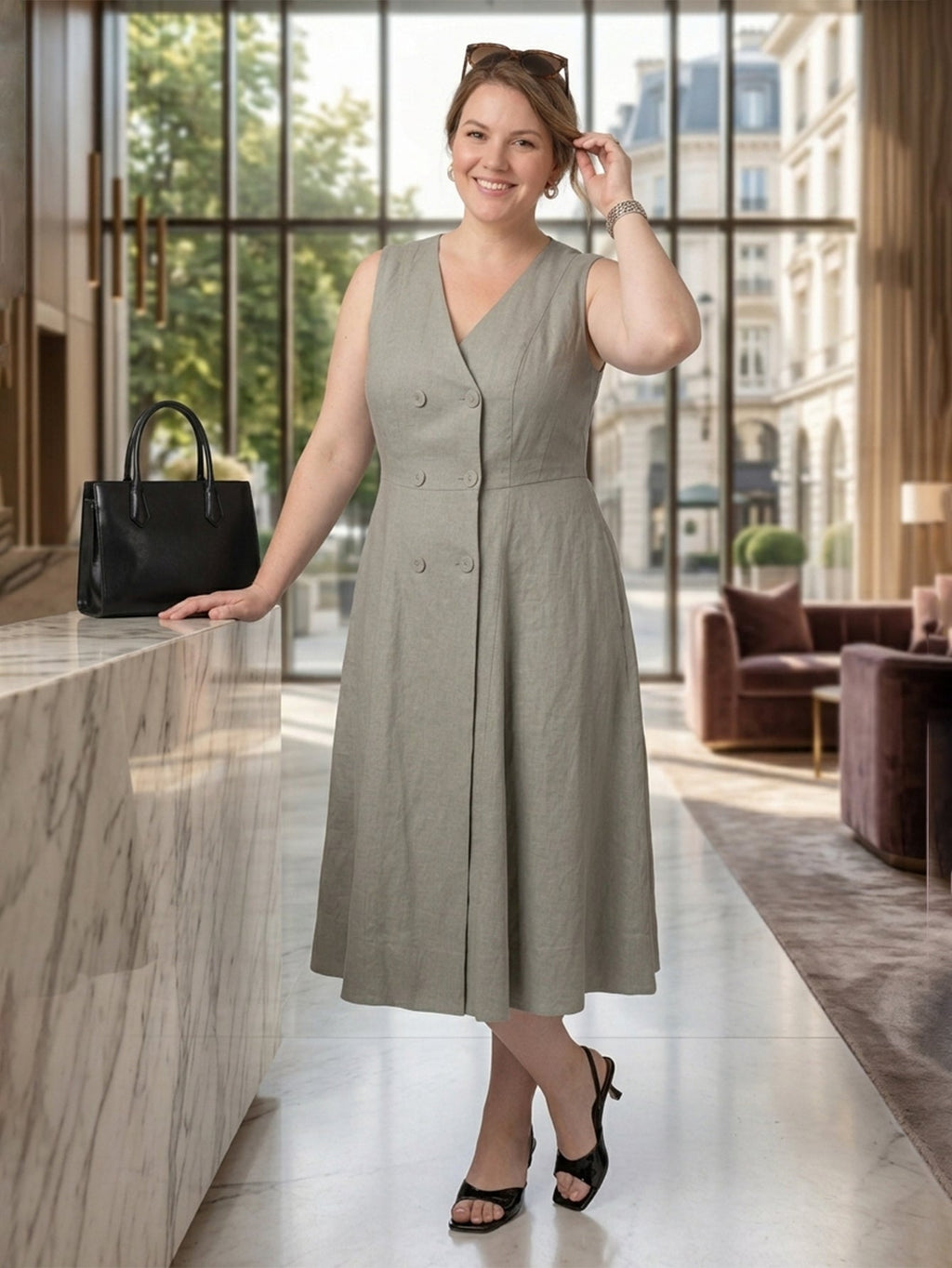 Larui Plus Size Women's Elegant Double-Breasted Linen Dress