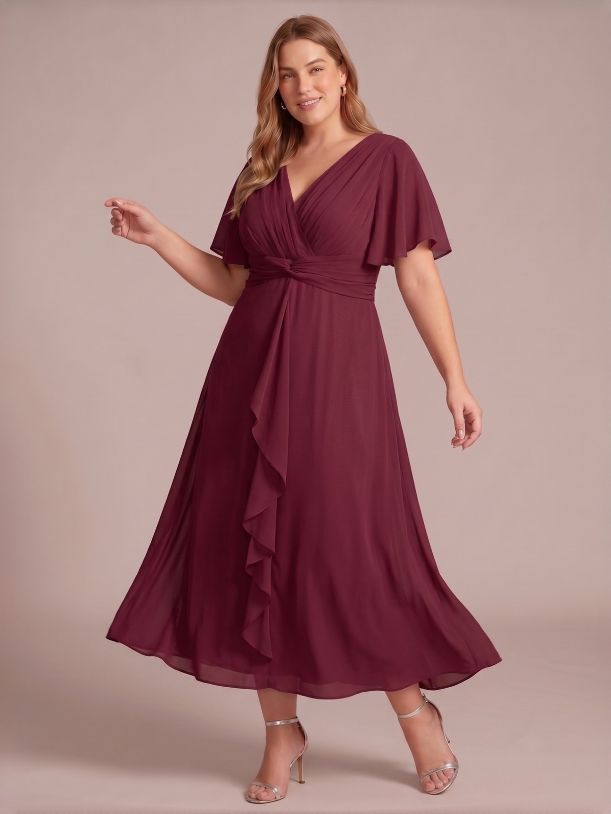 Larui Women's Plus-Size Chiffon Dress with V-Neck and Ruffled Hem
