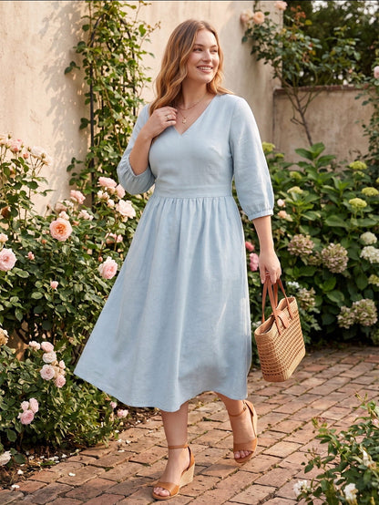 Larui Plus Size Women's Linen V-Neck Pocket Dress