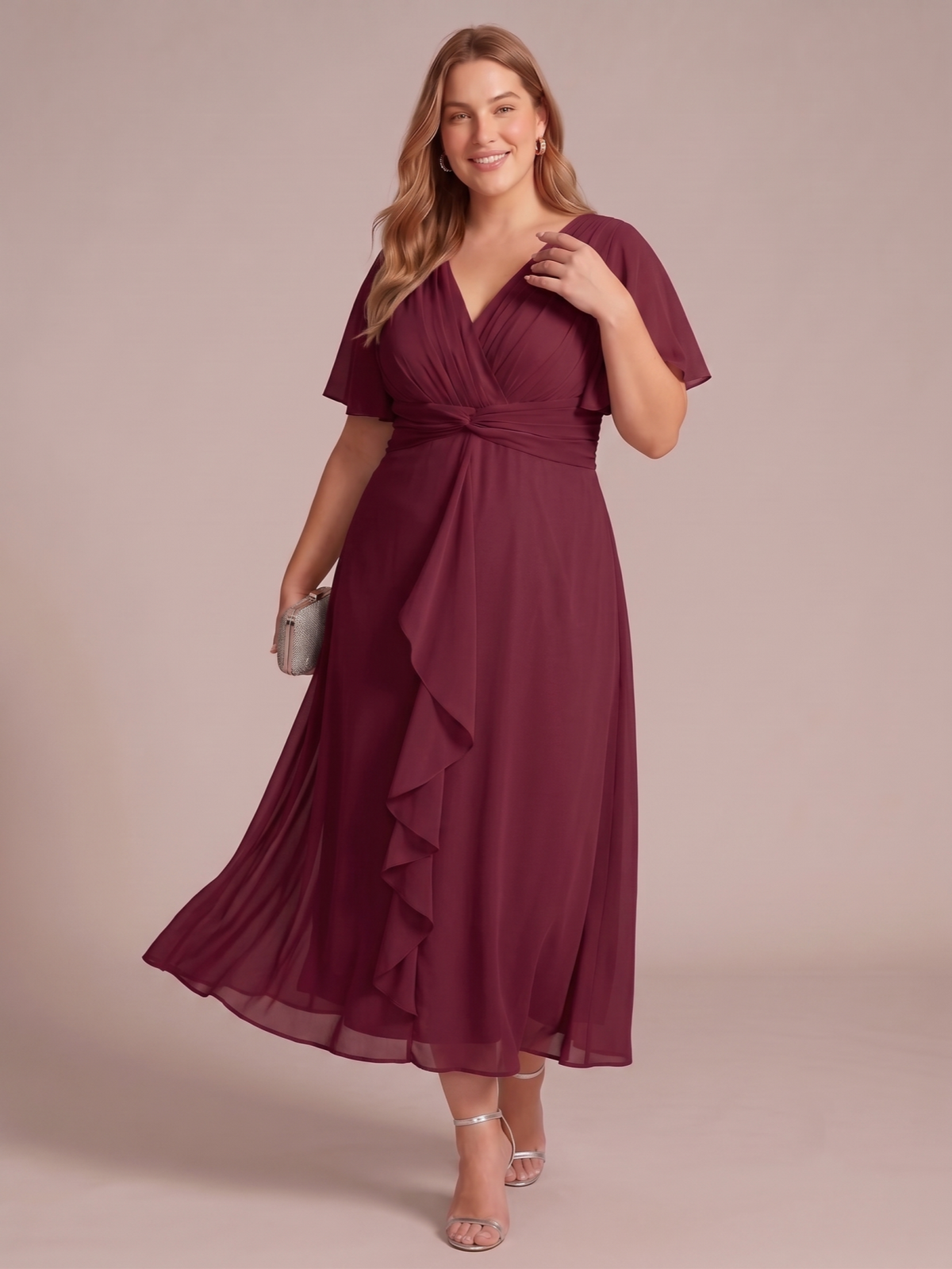 Larui Women's Plus-Size Chiffon Dress with V-Neck and Ruffled Hem
