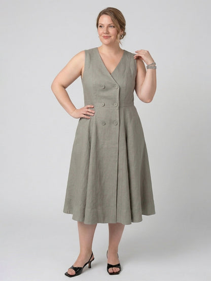 Larui Plus Size Women's Elegant Double-Breasted Linen Dress