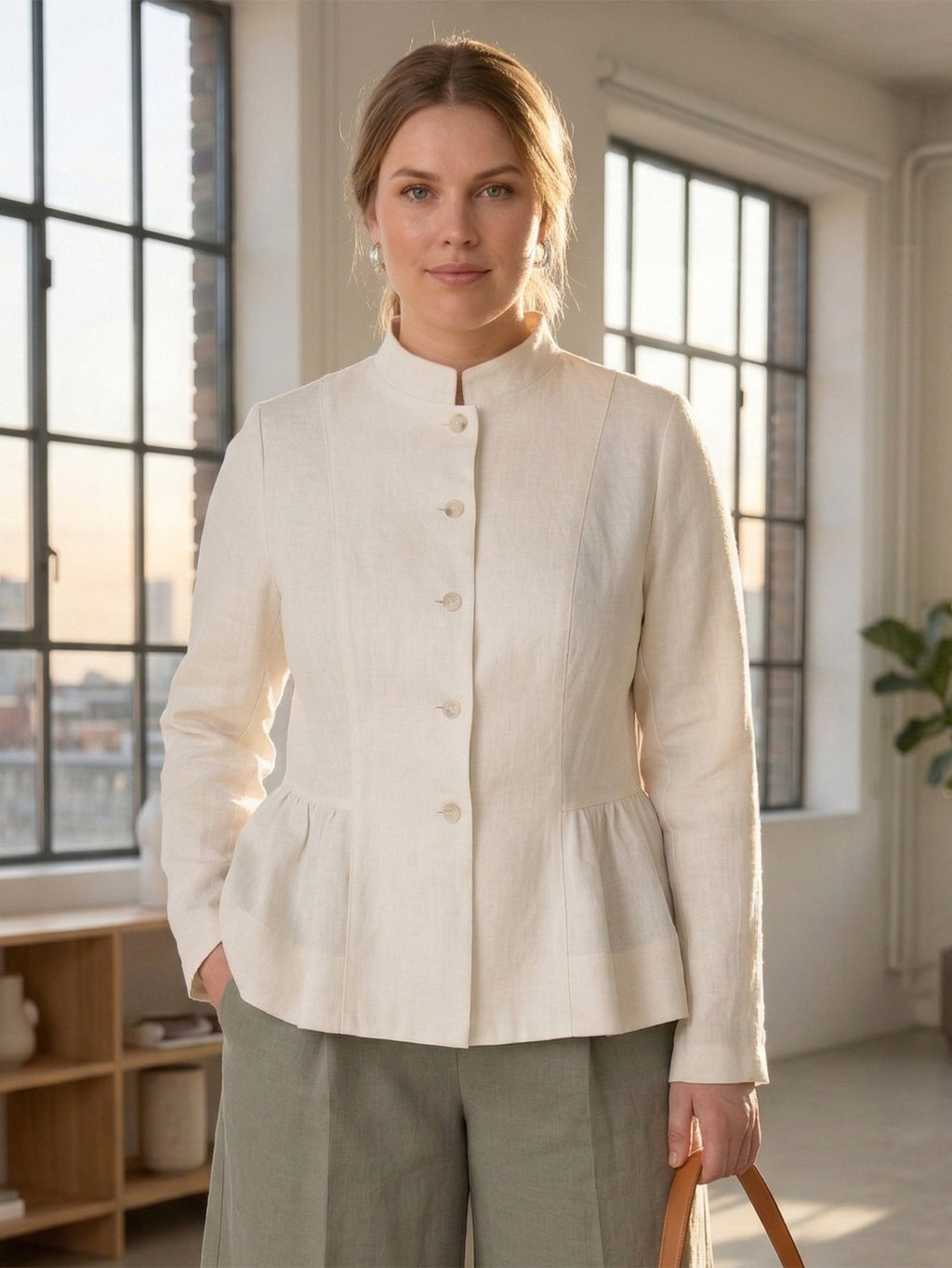 Larui Plus Size Women's Elegant Linen Coat With Ruffled Hem
