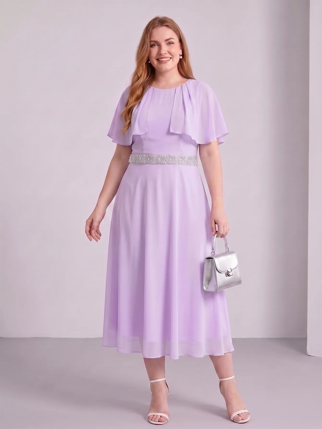 Larui Plus Size Women‘s Cape Sleeves Chiffon Midi Dress