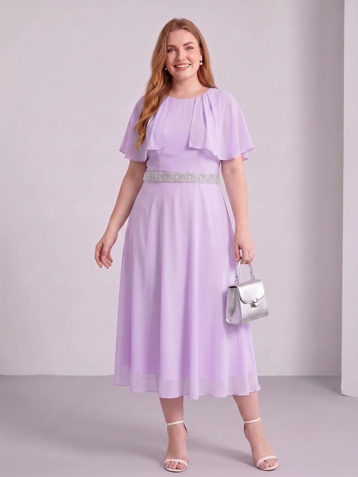 Larui Plus Size Women‘s Cape Sleeves Chiffon Midi Dress