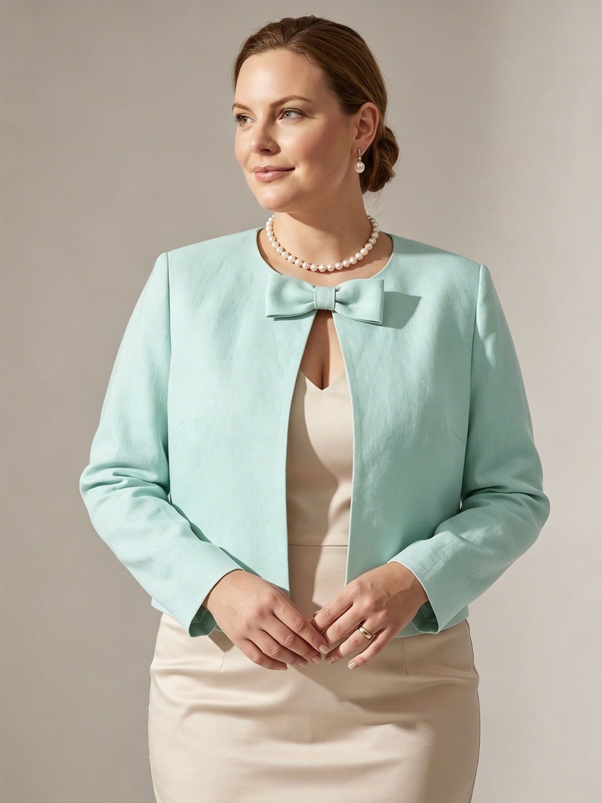 Larui Plus Size Women's Bow-Tie Short Elegant Linen Jacket
