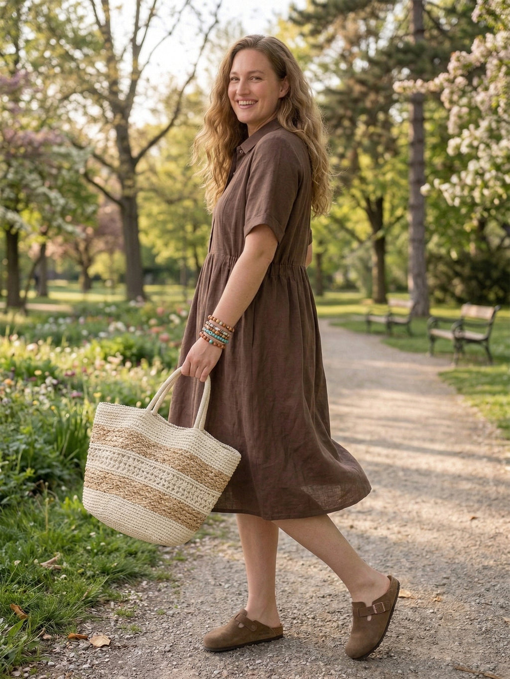 Larui Plus Size Women's Fitted Linen Pocket Dress