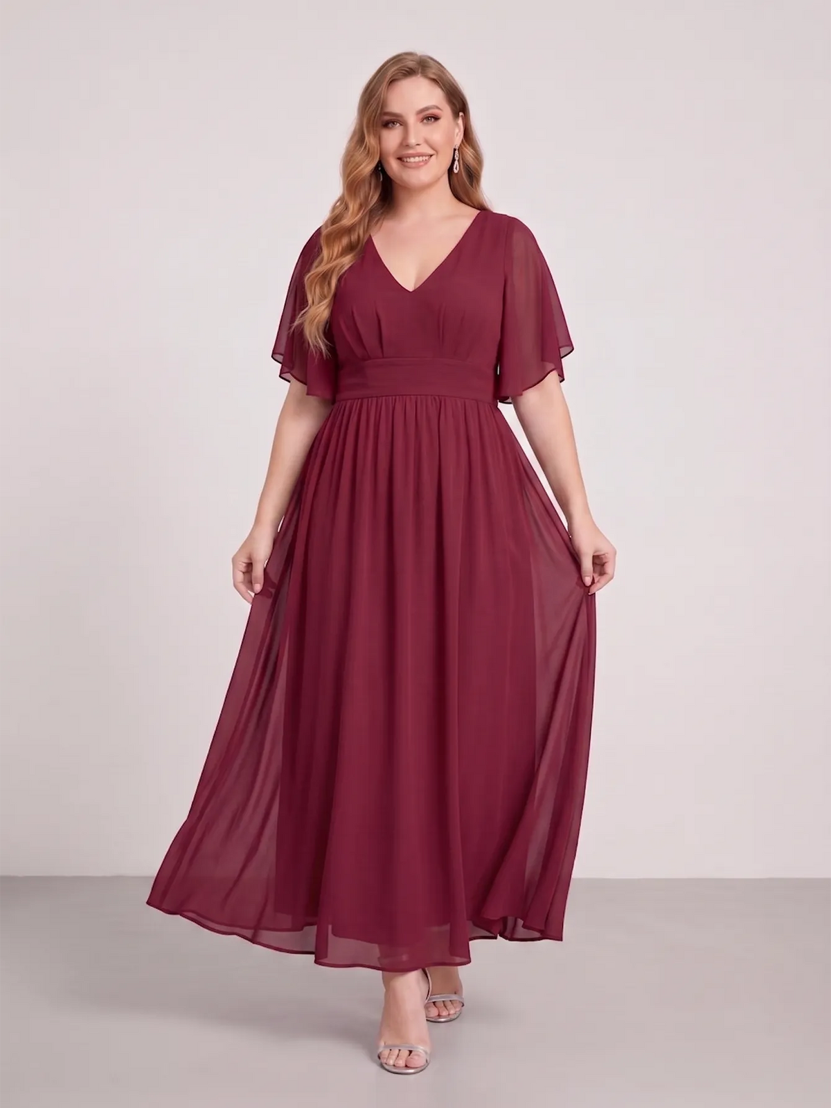 Larui Plus Size Women‘s V-Neck Chiffon Ruffles Sleeves Dress