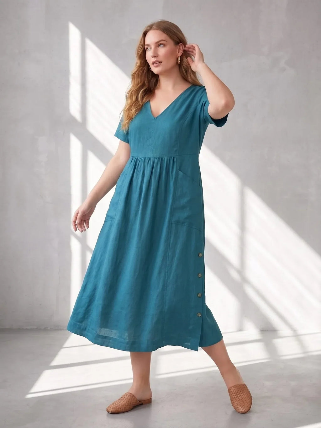 Larui Plus Size Women's Linen Pocket Dress