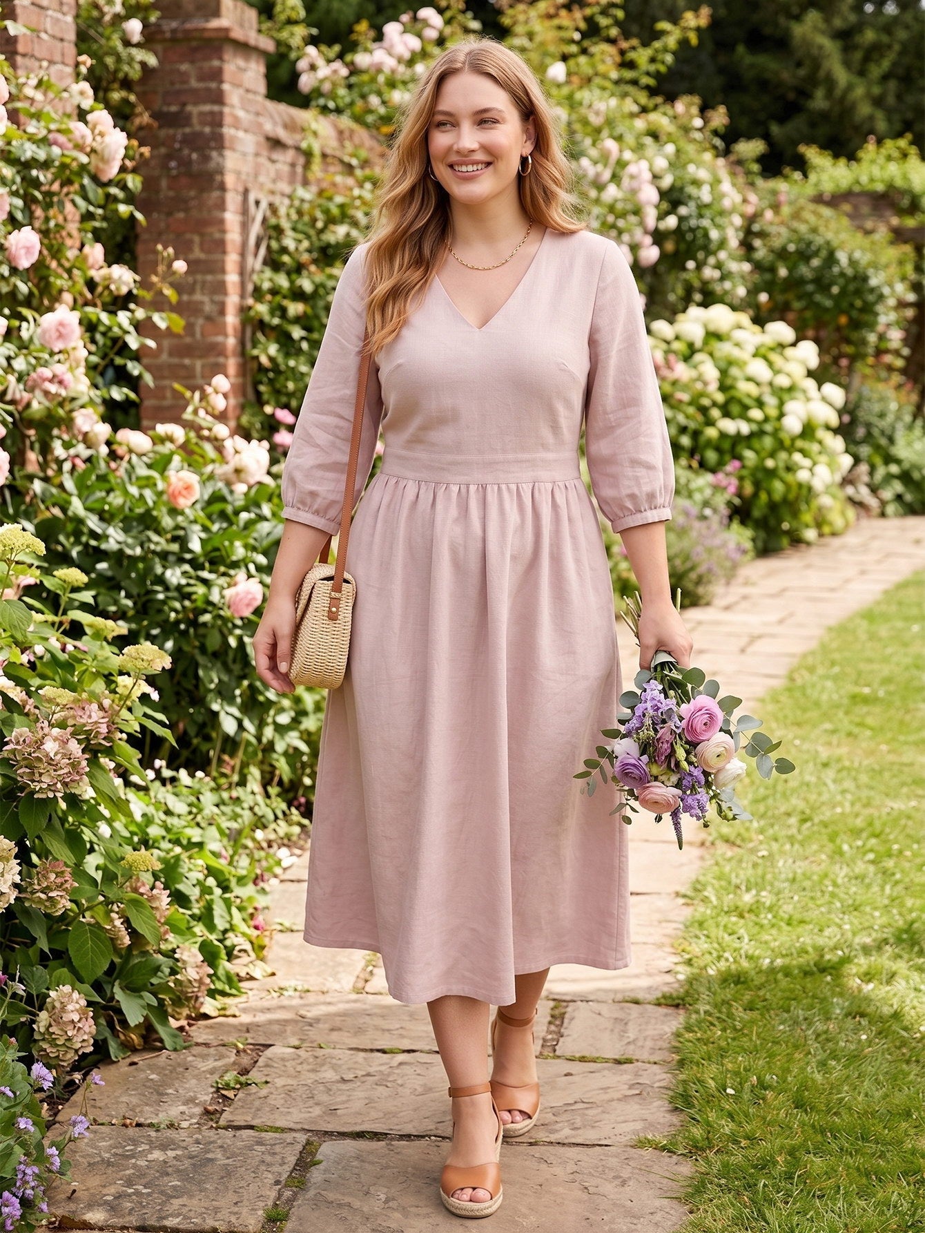 Larui Plus Size Women's Linen V-Neck Pocket Dress