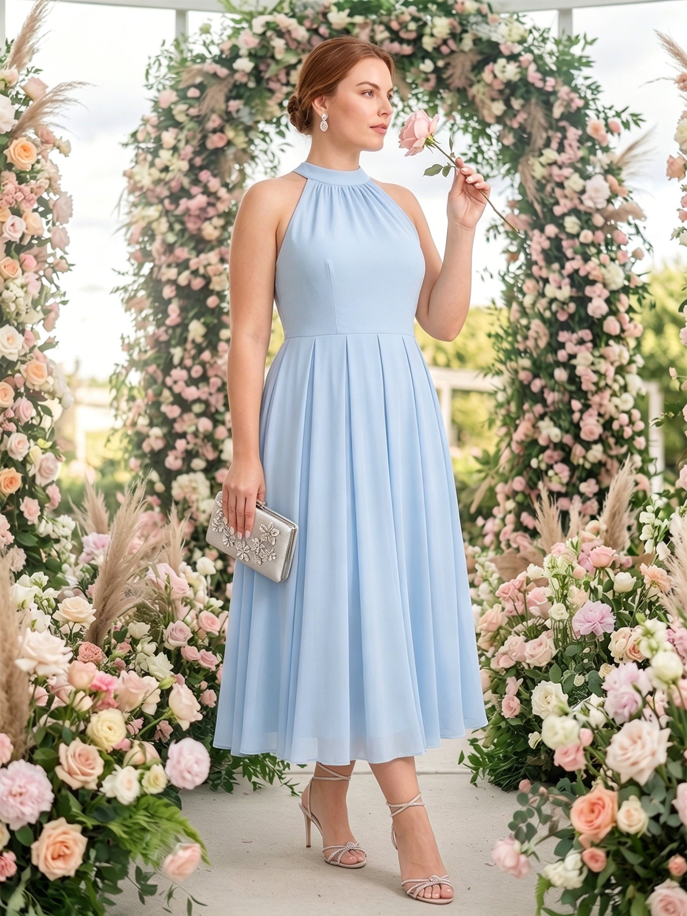 Larui Plus Size Women's Halter Neck Chiffon Dress