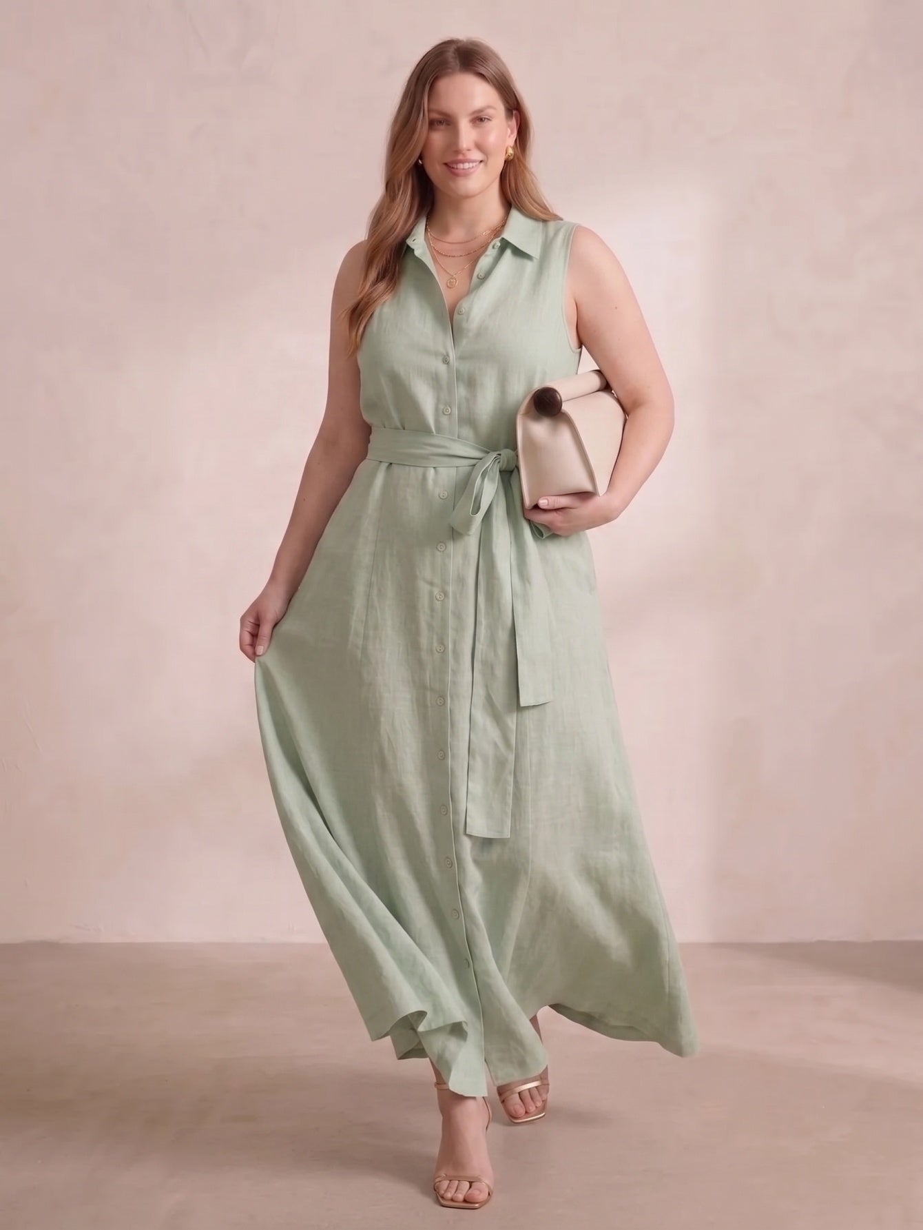 Larui Plus Size Women's Sleeveless Collared Linen Dress with Belt