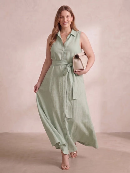 Larui Plus Size Women's Sleeveless Collared Linen Dress with Belt