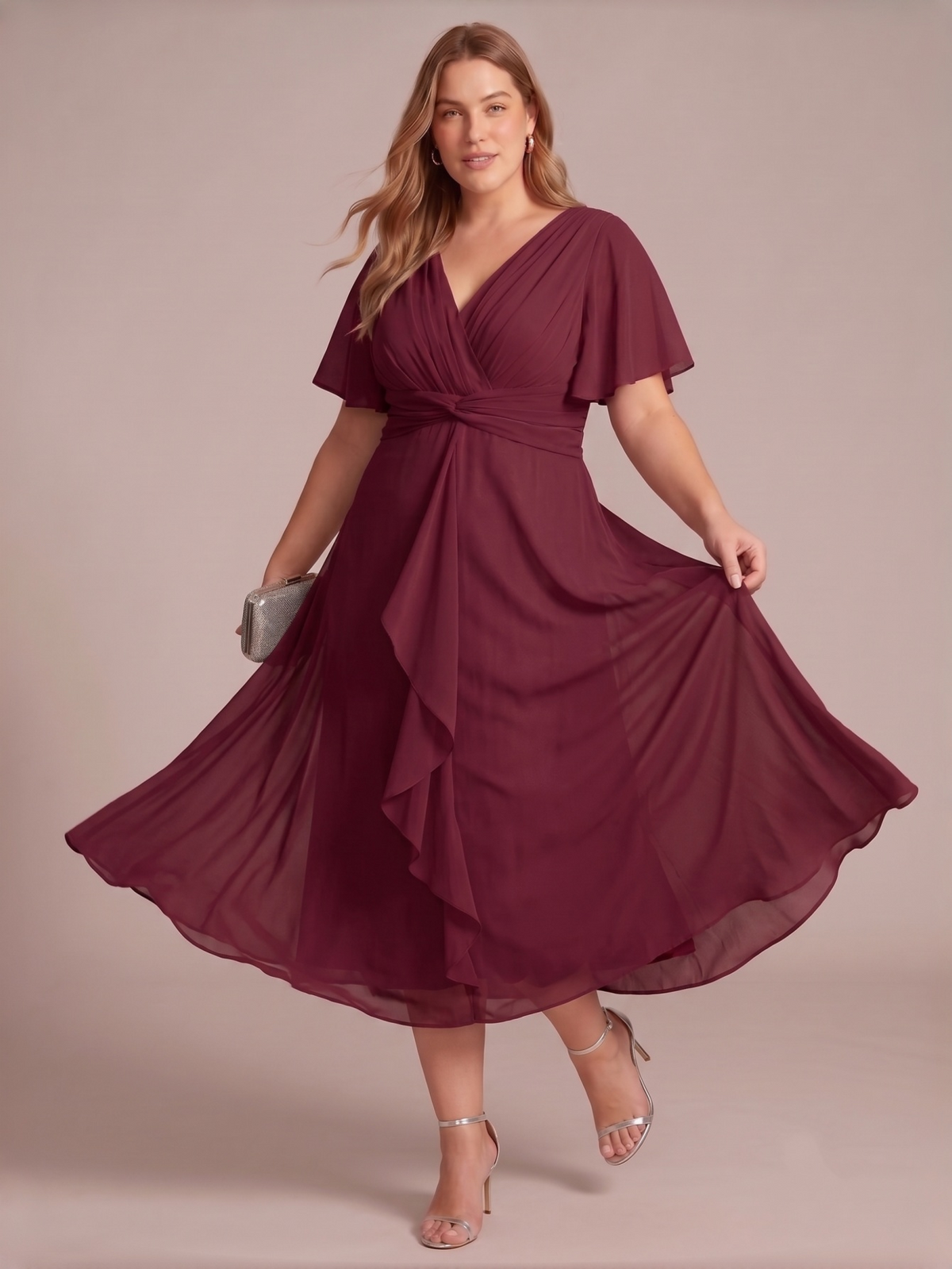 Larui Women's Plus-Size Chiffon Dress with V-Neck and Ruffled Hem