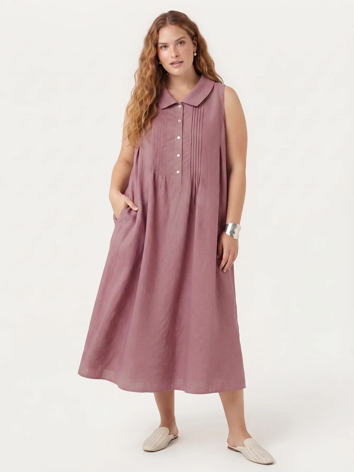 Larui Plus Size Women's Vacation Linen A-Line Dress With Pleats