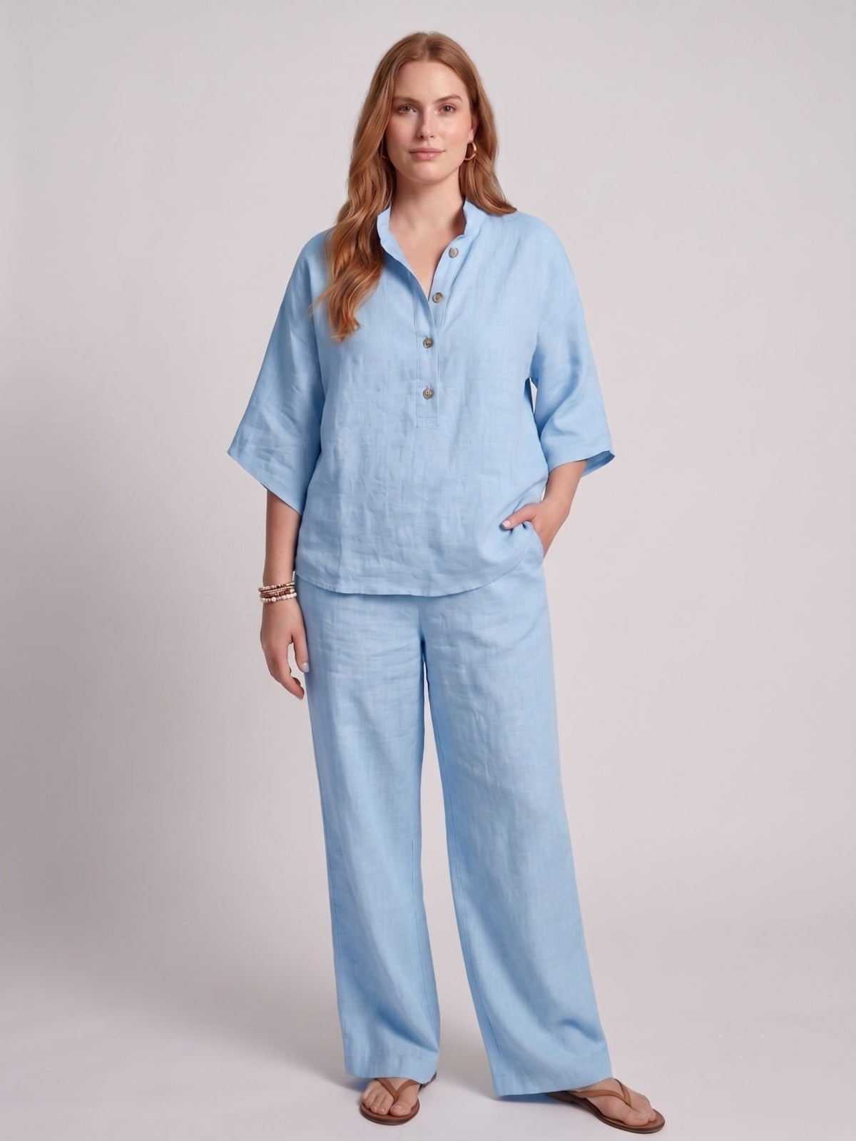 Larui Plus Size Women's V-Neck Button-Detail Casual Linen Set