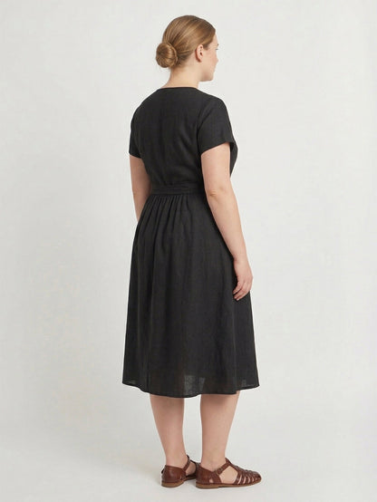 Larui Plus Size Women's Single-Breasted Linen Dress