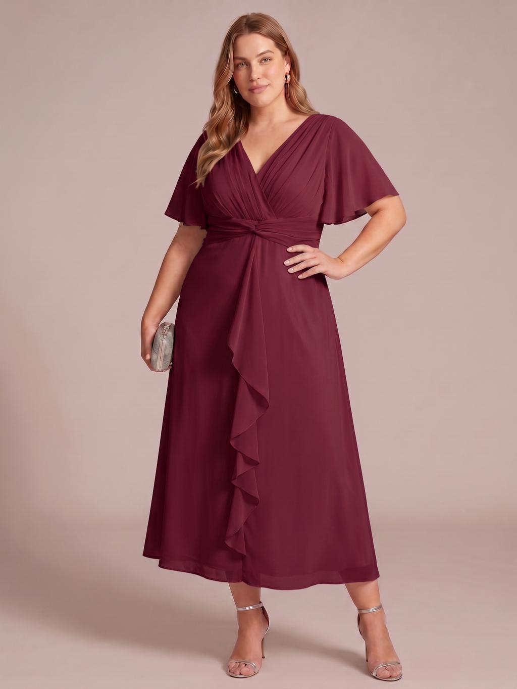 Larui Women's Plus-Size Chiffon Dress with V-Neck and Ruffled Hem