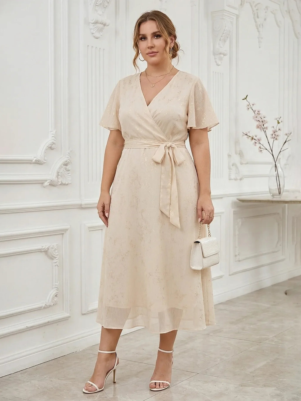 Larui Plus Size Elegant Gold-Stamped Chiffon Guest Dress