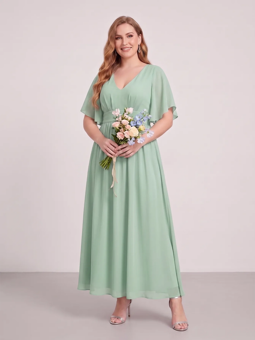 Larui Plus Size Women‘s V-Neck Chiffon Ruffles Sleeves Dress