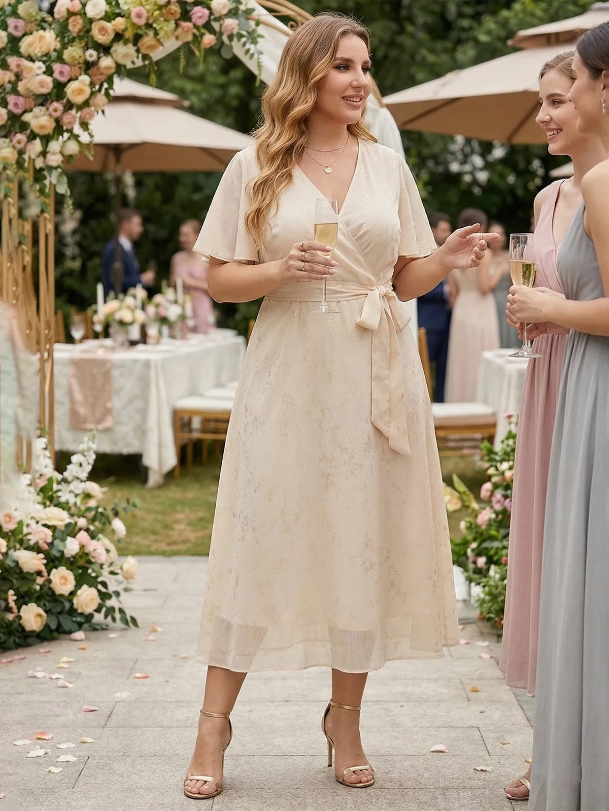 Larui Plus Size Elegant Gold-Stamped Chiffon Guest Dress
