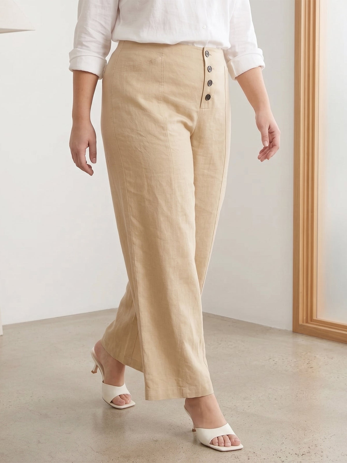 Larui Plus Size Women's ButtonDown Wide-Le-g Linen Pants