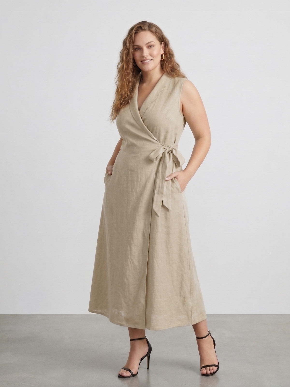Larui Plus Size Women‘s Linen  V-Neck Sleeveless Dress