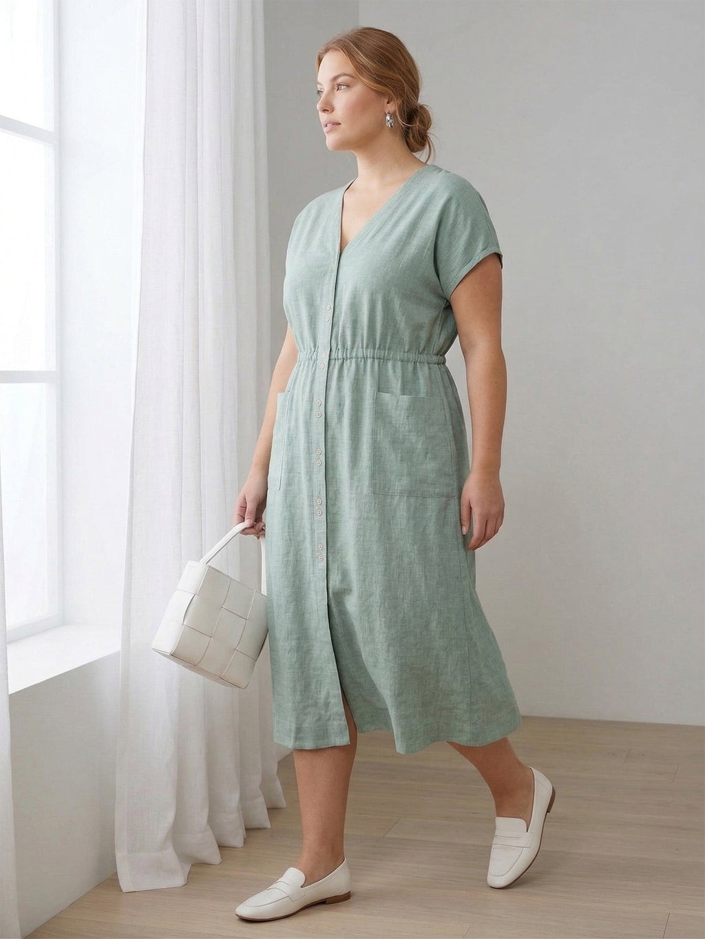 Larui Plus Size Women's Elegant Pocket Linen Dress
