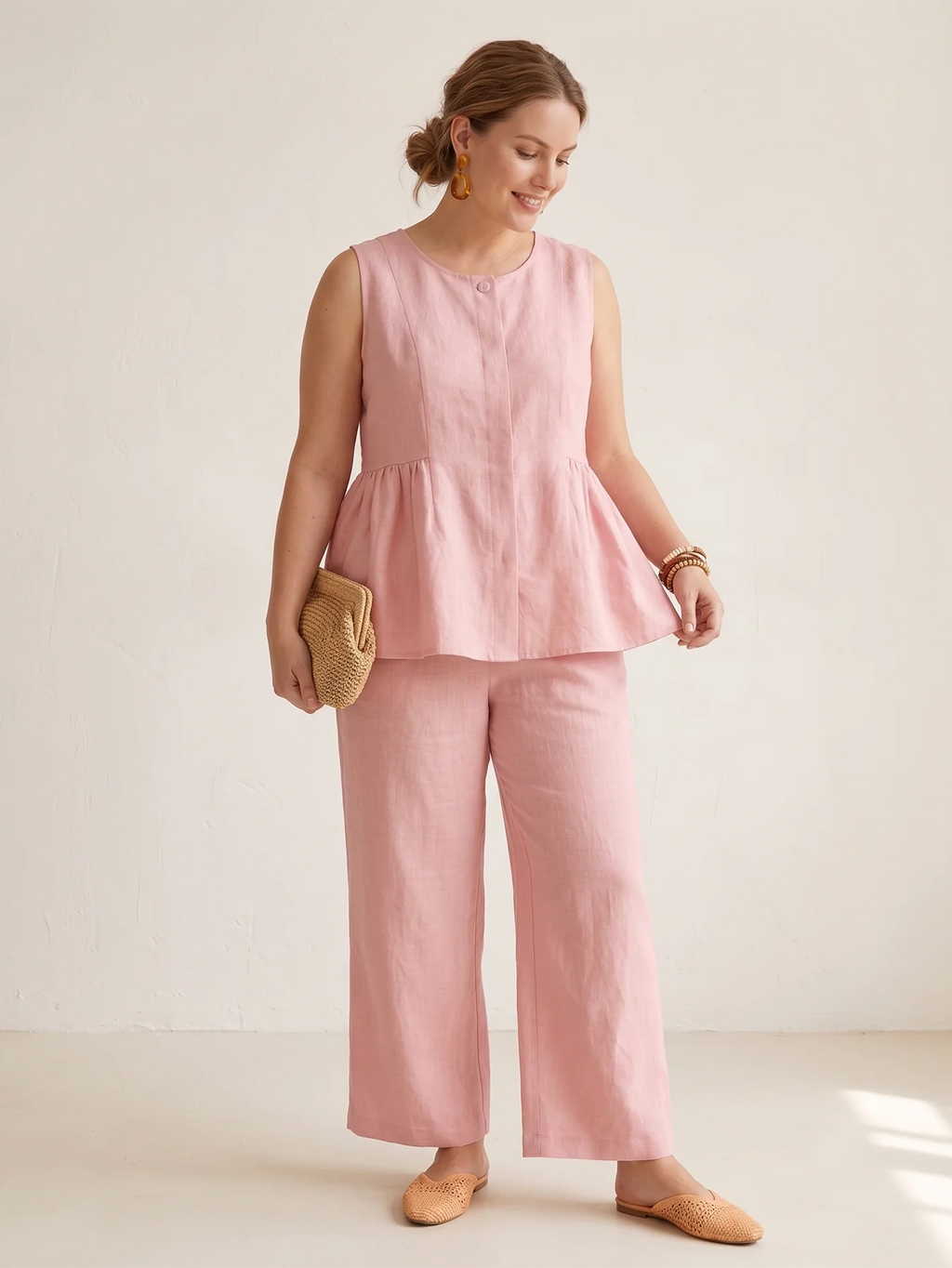 Larui Plus Size Women's Vacation Linen Top and Pants Set