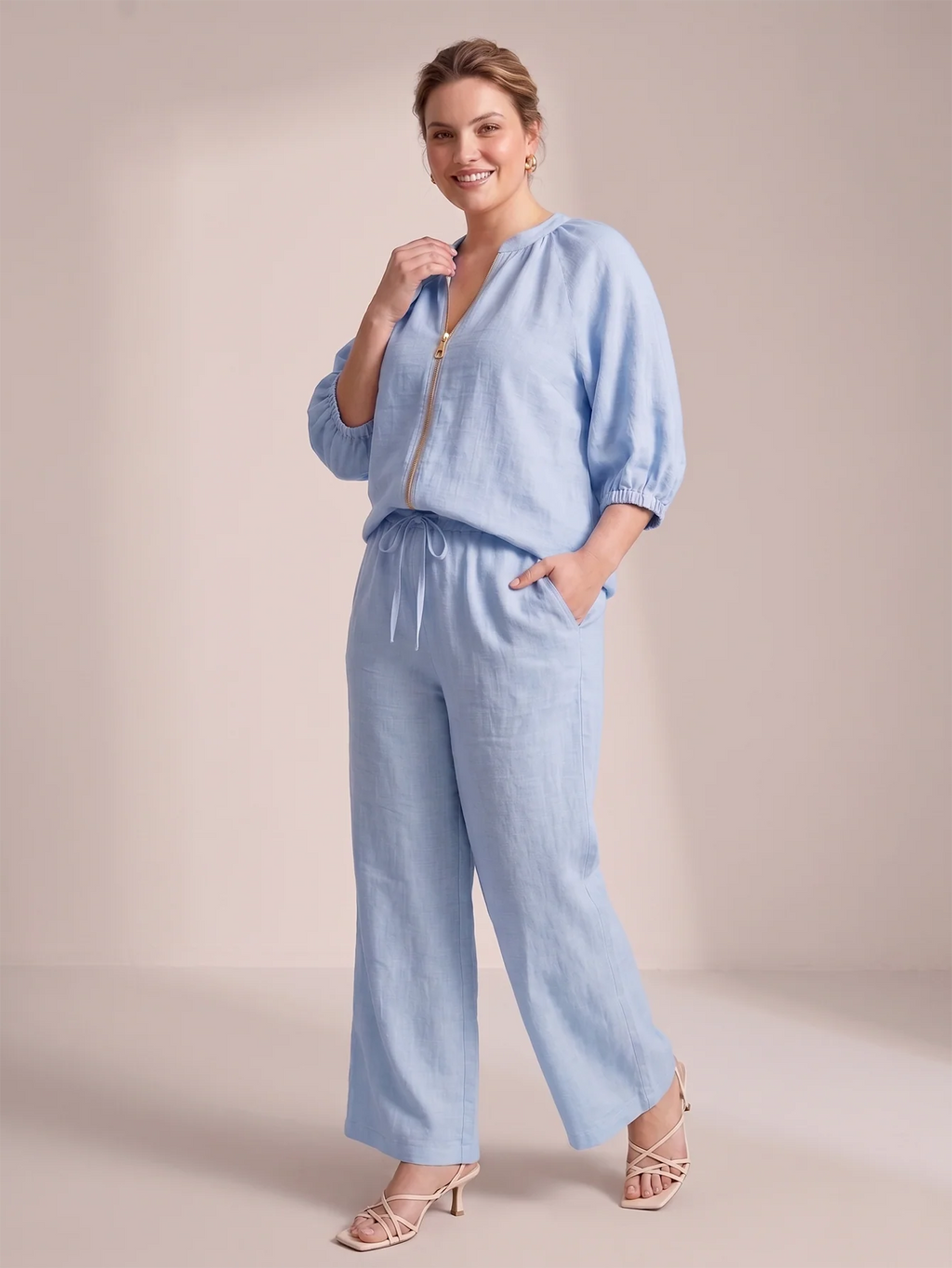 Larui Plus Size Women's Three-Quarter Sleeve Top and Pants Two-Piece Linen Set