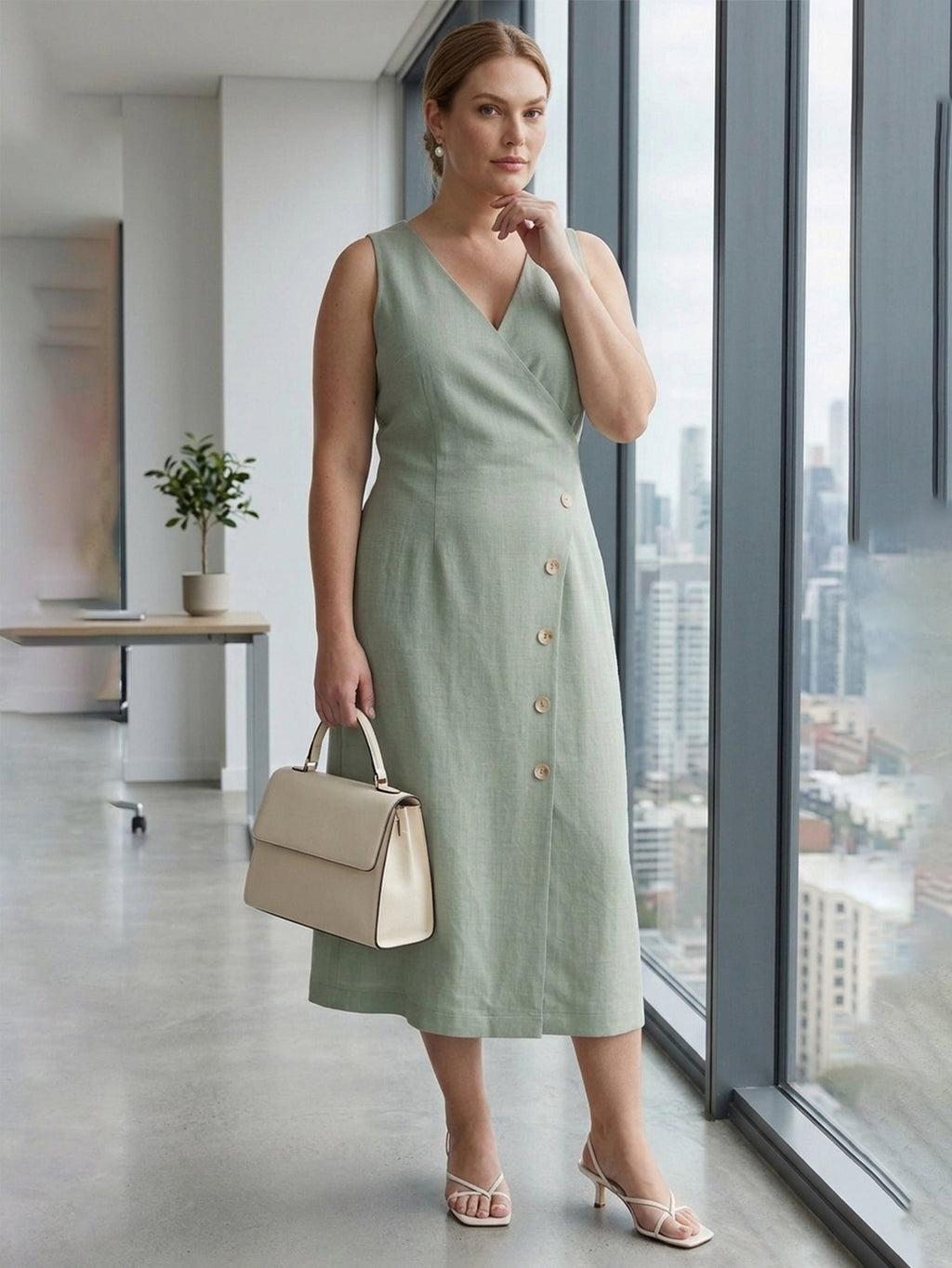 Larui Plus Size Elegant Button-Down Linen Dress