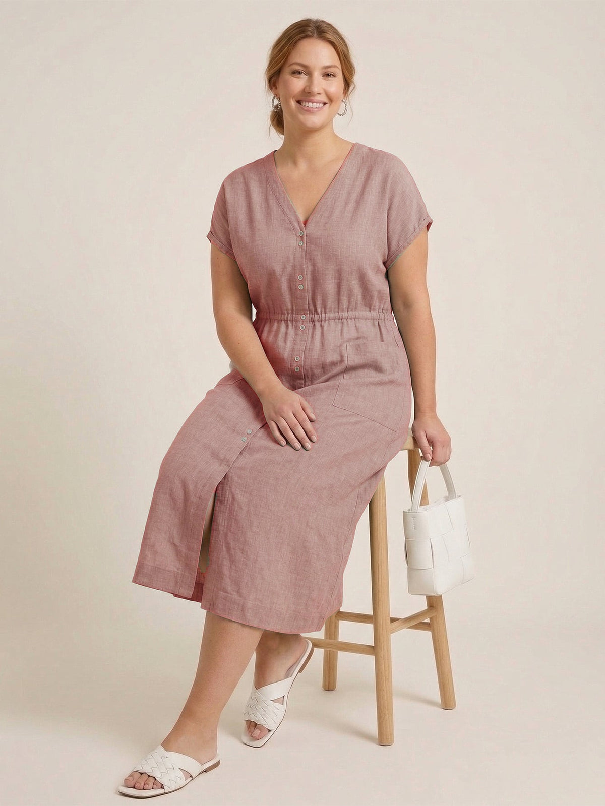 Larui Plus Size Women's Elegant Pocket Linen Dress