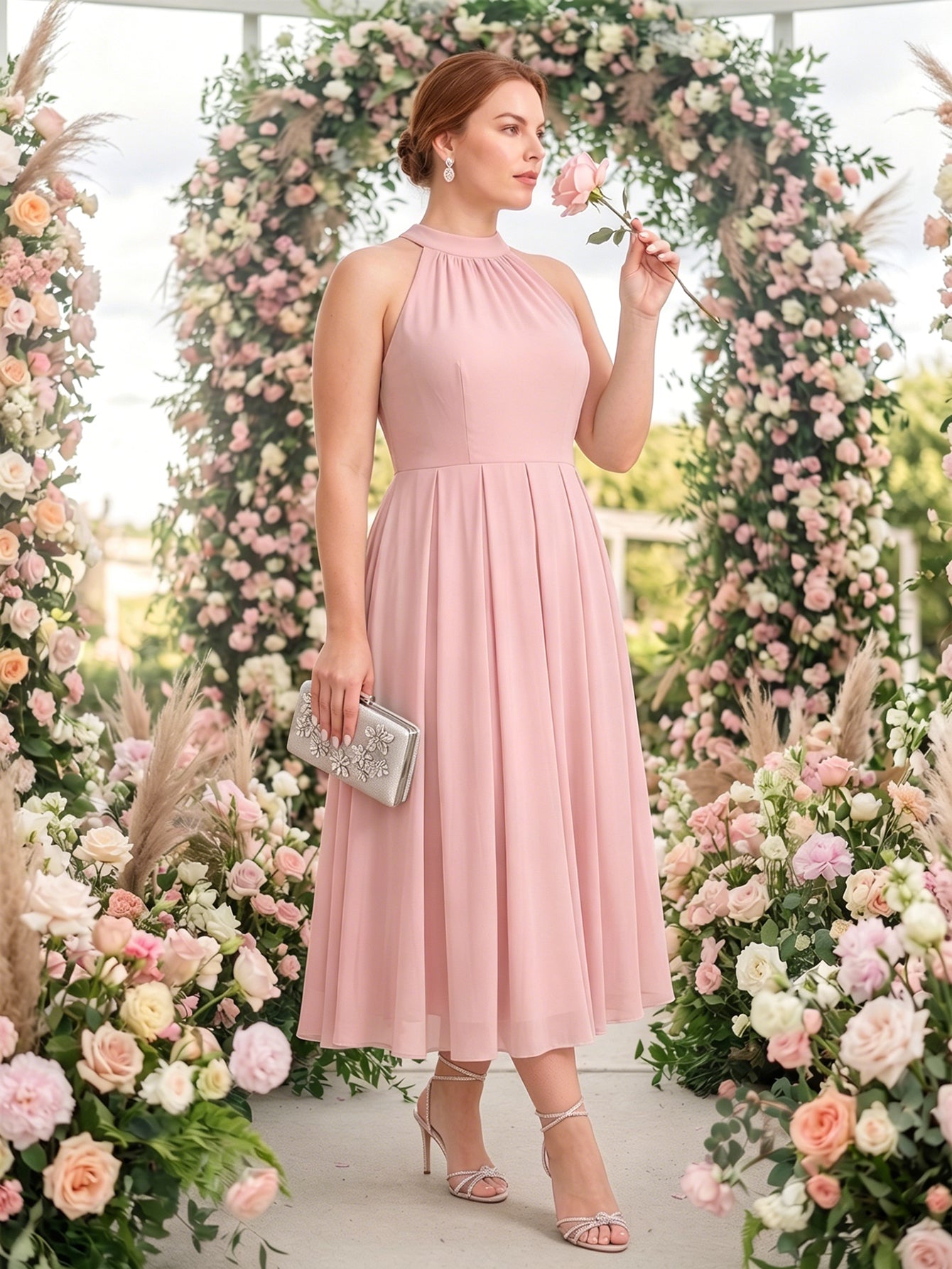Larui Plus Size Women's Halter Neck Chiffon Dress