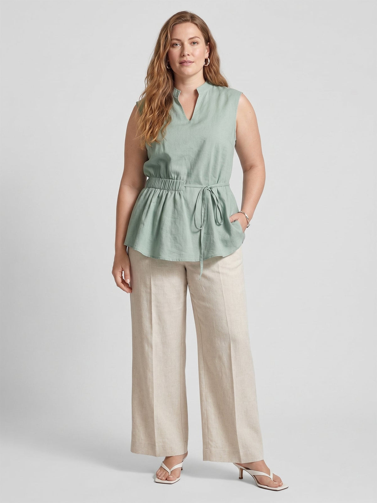 Larui Plus Size Women's Linen Elastic Waist Linen Top Vest