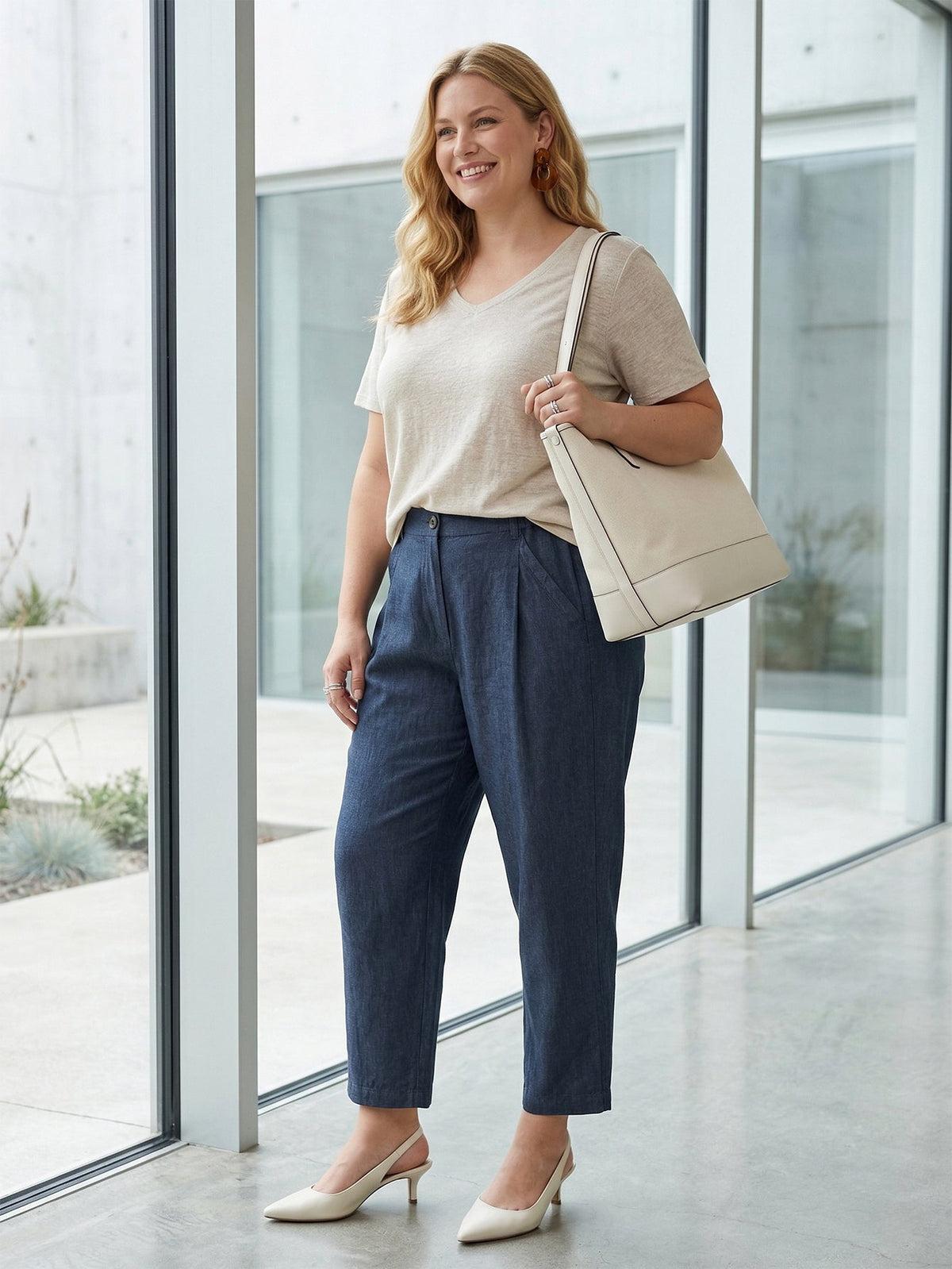 Larui Plus Size Women's Linen Straight Leg Pants With Side Elastic