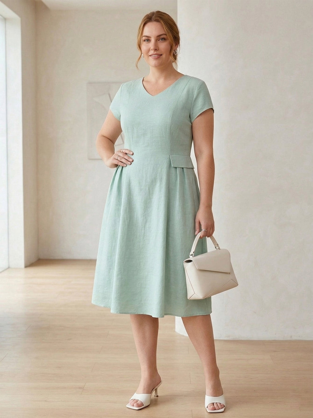 Larui Plus Size Elegant Pleated Linen Dress