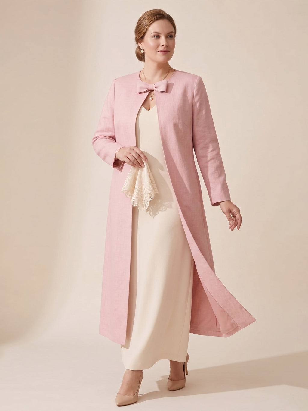 Larui Plus Size Women's Bow-Knot Wedding Long Linen Coat