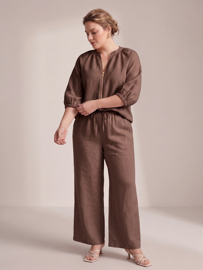 Larui Plus Size Women's Three-Quarter Sleeve Top and Pants Two-Piece Linen Set