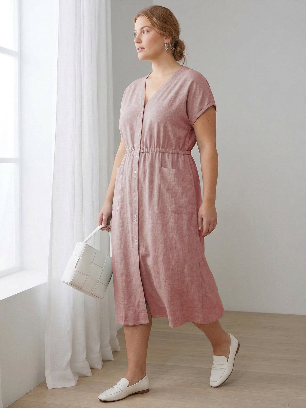 Larui Plus Size Women's Linen Elegant Pocket Linen Dress