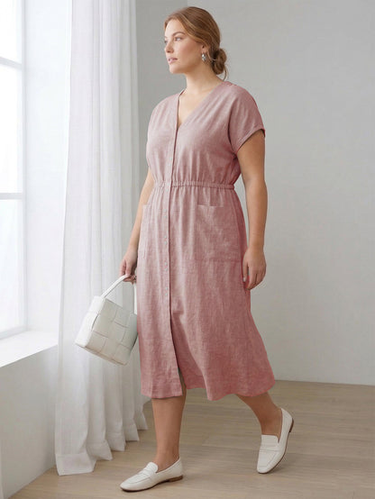 Larui Plus Size Women's Elegant Pocket Linen Dress