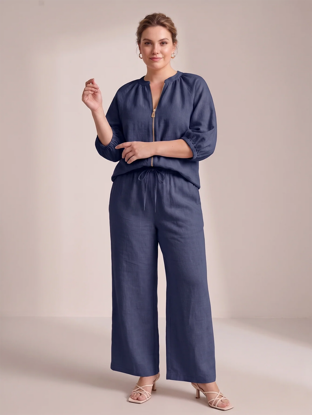 Larui Plus Size Women's Three-Quarter Sleeve Top and Pants Two-Piece Linen Set