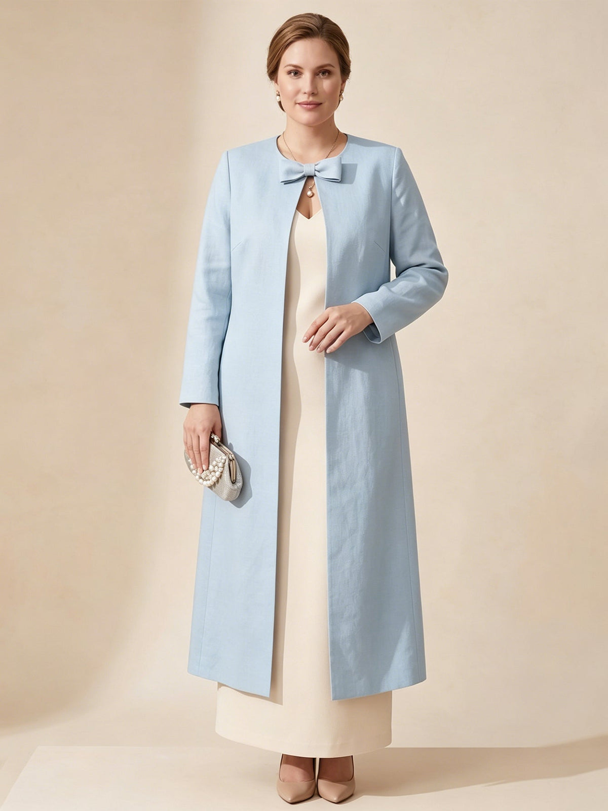 Larui Plus Size Women's Bow-Knot Wedding Long LinenCoat