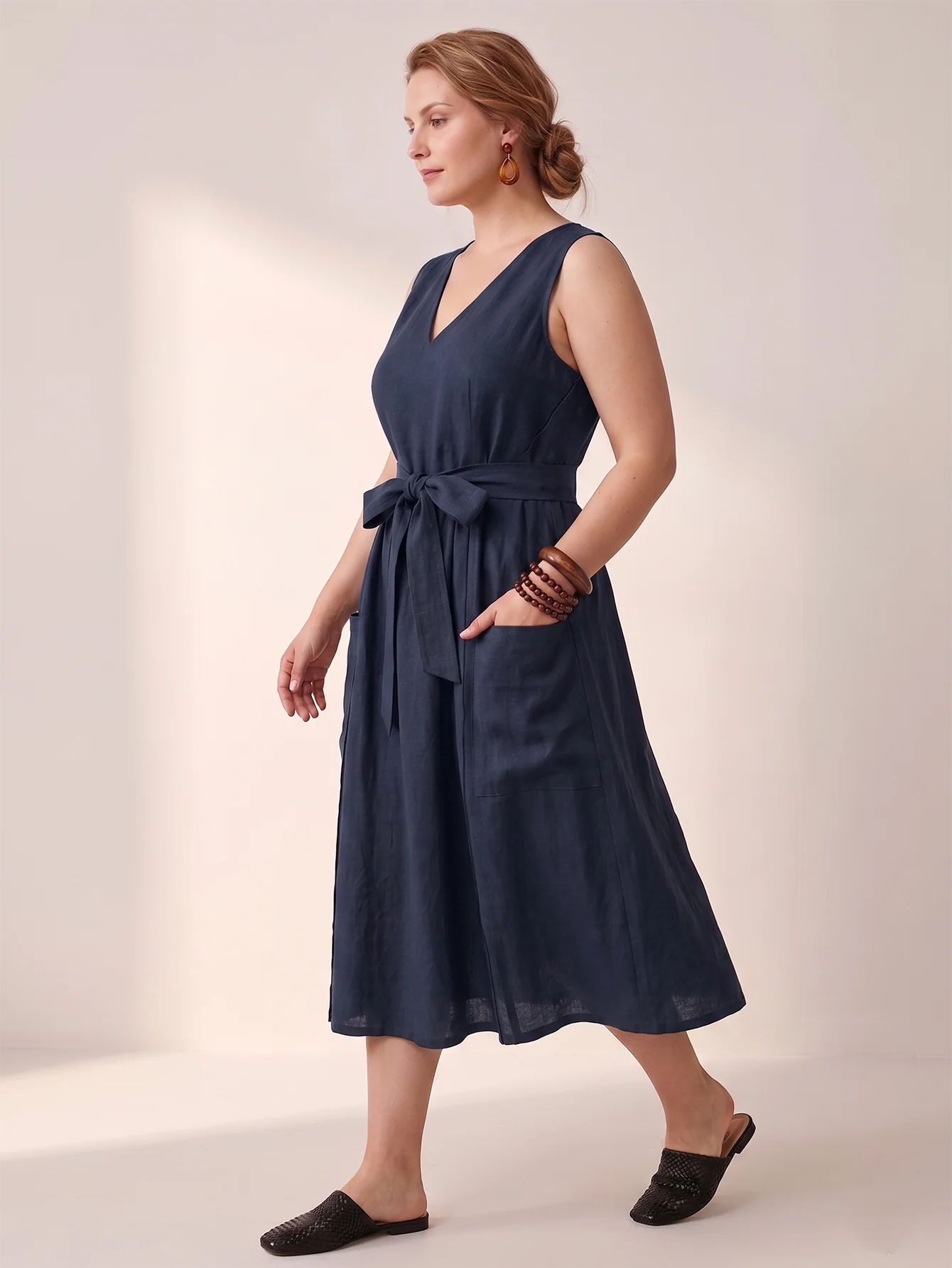 Larui Plus-Size Women's Reversible Open-Front Tie-Up Apron-Style Linen Dress